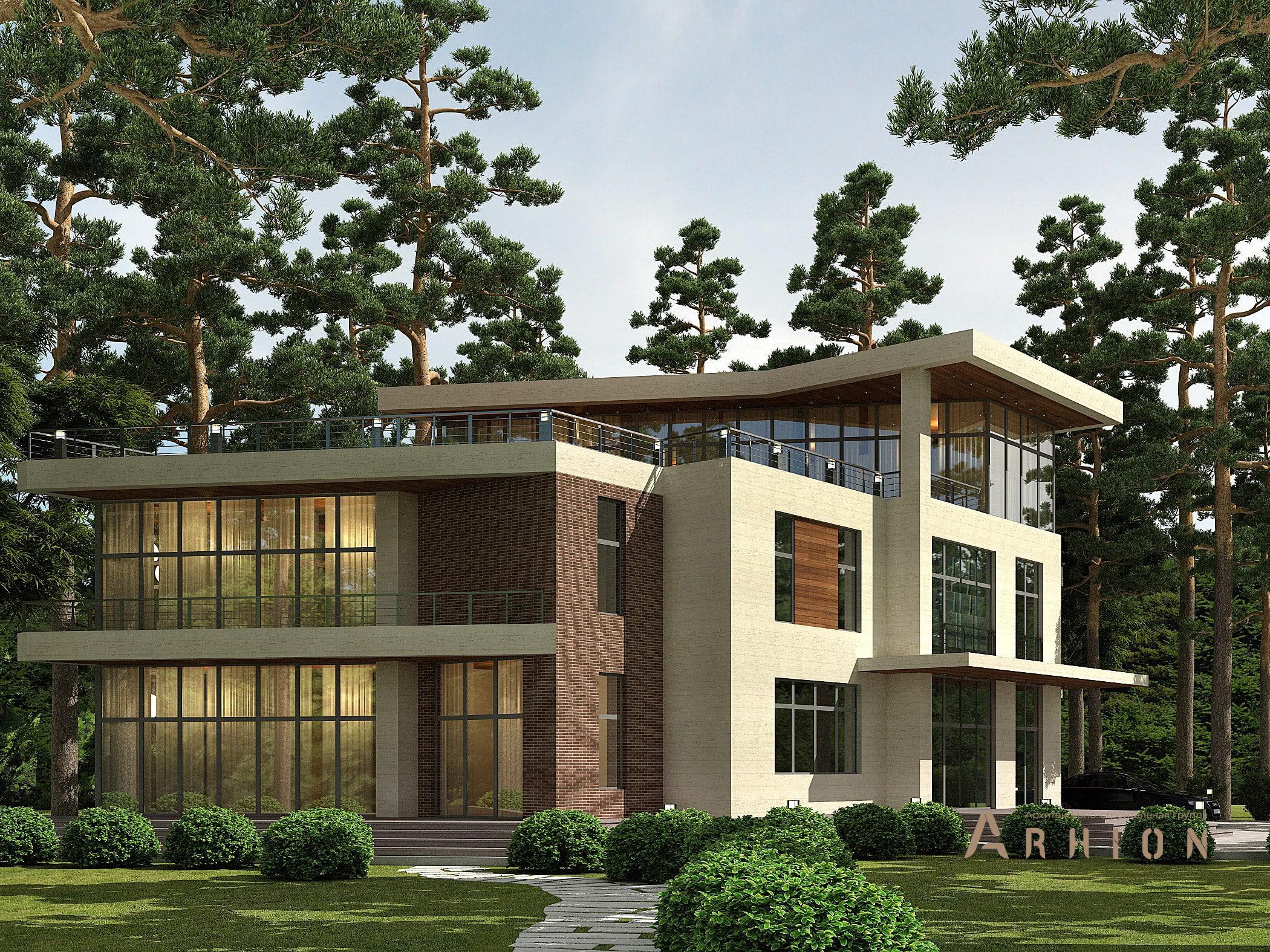 4. Проект трехэтажного дома в стиле хай-тек с плоской кровлей , av-550, площадью - 550 кв c цокольным этажом, терассой, балконом